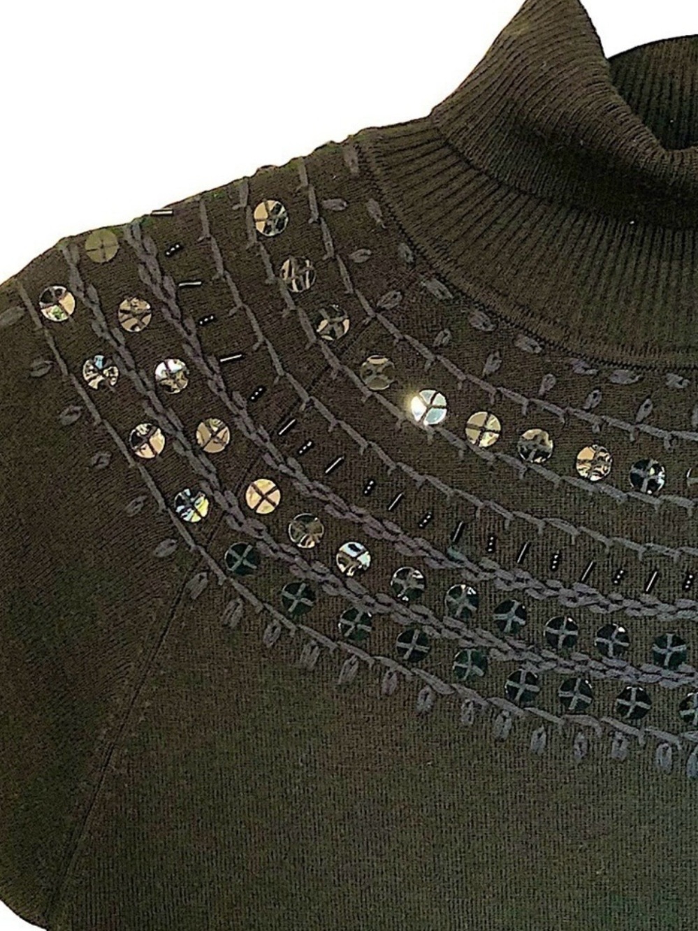 Tape Measure Black Wool Blend Sequin Fair Isle Turtleneck Sweater Top S - Picture 4 of 8